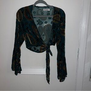 Teal velvet paisley tie-front blouse